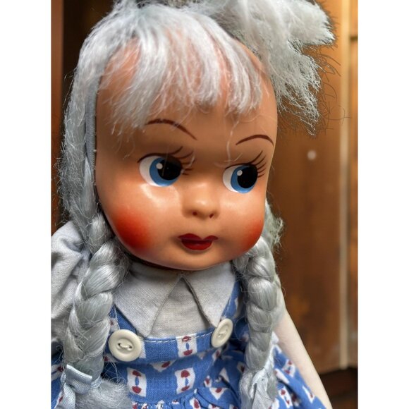 Vintage European Cloth & Vinyl Doll – Light Blue Hair, Sawdust-Stuffed Body – Fo - Picture 2 of 6